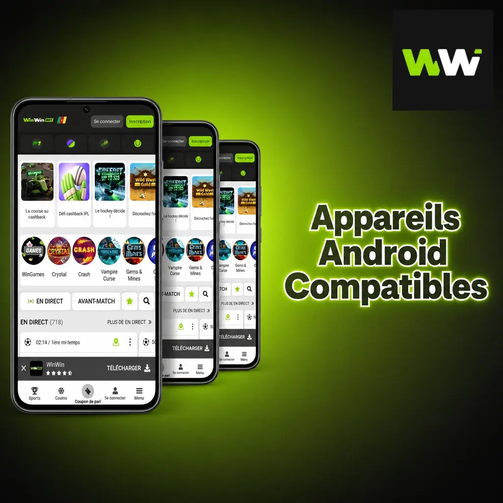 Appareils Android compatibles avec l'application WinWin au Cameroun : Samsung, Tecno, Infinix, Itel, Xiaomi, Nokia, Huawei