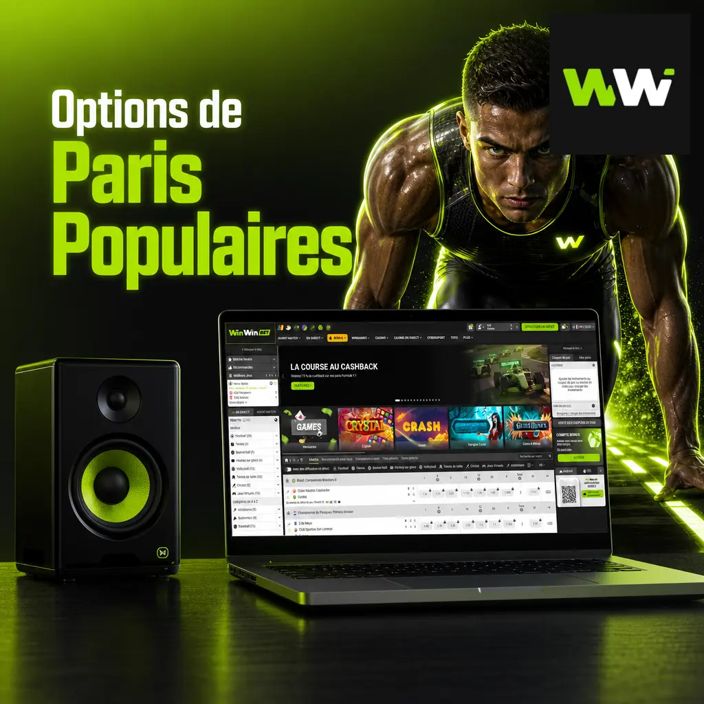 Interface WinWin affichant les options de paris populaires prématch, live et combinés avec cotes en temps réel