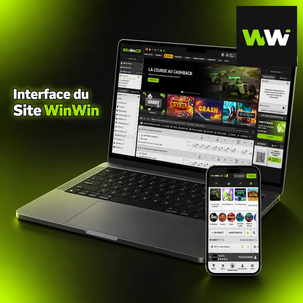 Interface du site WinWin adaptée aux écrans camerounais avec accès rapide aux paris sportifs, casino et promotions
