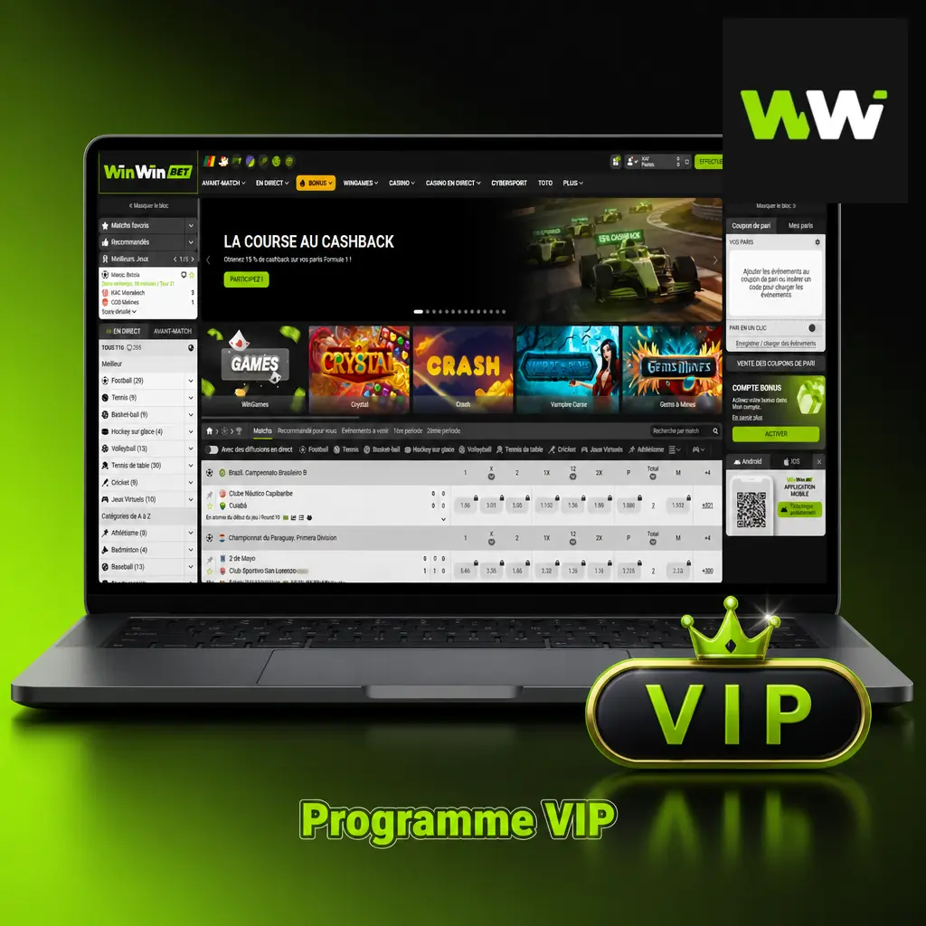 Programme VIP WinWin : avantages exclusifs, gestionnaire dédié et récompenses selon les paliers de fidélité des joueurs.