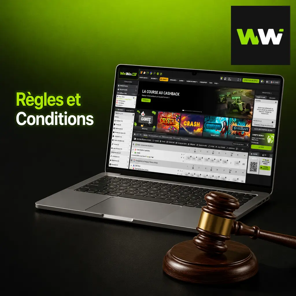 Règles et conditions d'utilisation de WinWin : âge minimum, compte unique, vérification d'identité et conditions de mise avant retrait.